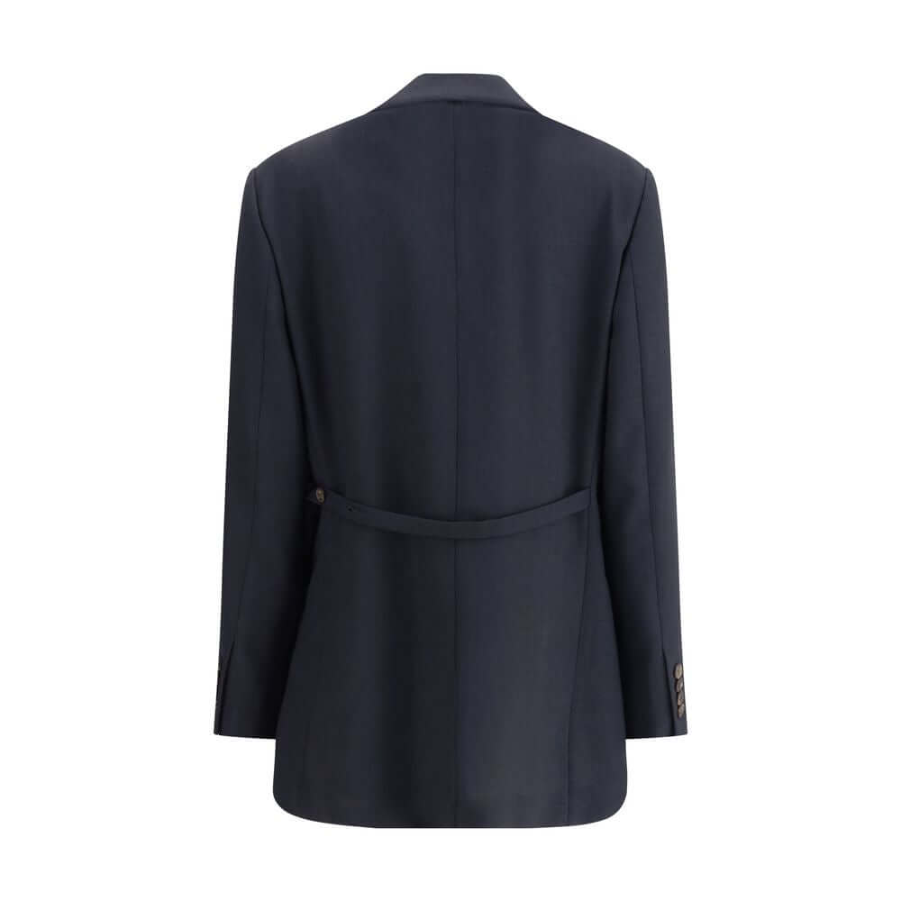 Back view of Brunello Cucinelli Blue Fleece Wool Blazer showcasing classic design and elegant back martingale detail.