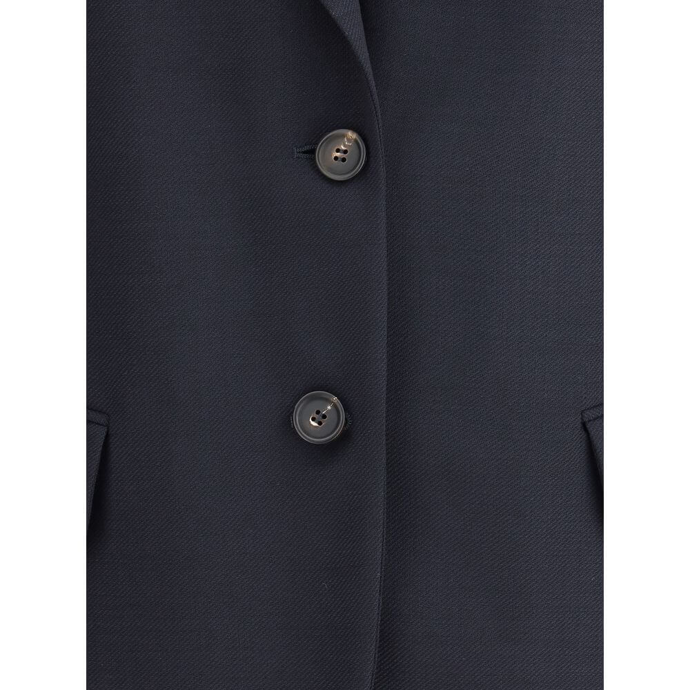 Close-up of Brunello Cucinelli Blue Fleece Wool Blazer showcasing two-button front and classic texture.