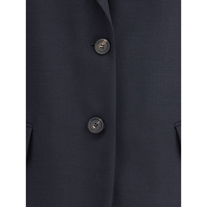Close-up of Brunello Cucinelli Blue Fleece Wool Blazer showcasing two-button front and classic texture.