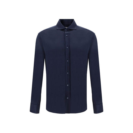 Brunello Cucinelli Blue Silk Shirt with classic collar and button closure, elegant and versatile fashion for luxury wear.
