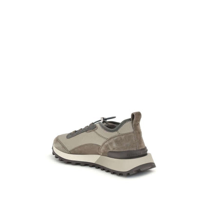 Alt Tag: Brunello Cucinelli Brown Leather Athletic Sneakers with drawstring closure, TPU rubber tread, and heel pull tab, rear view.