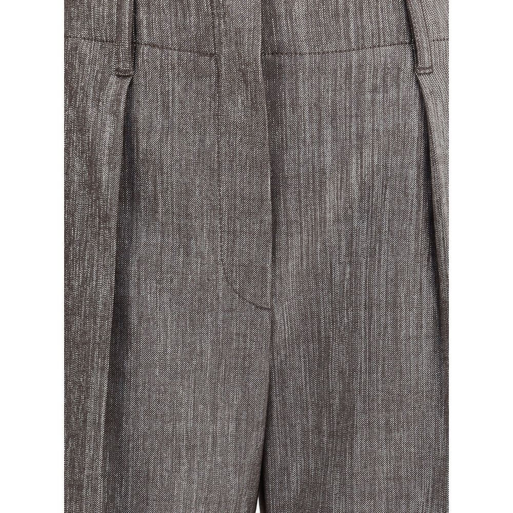 Close-up of Brunello Cucinelli Brown Polyester Casual Pants showcasing pleat detail and elegant texture.