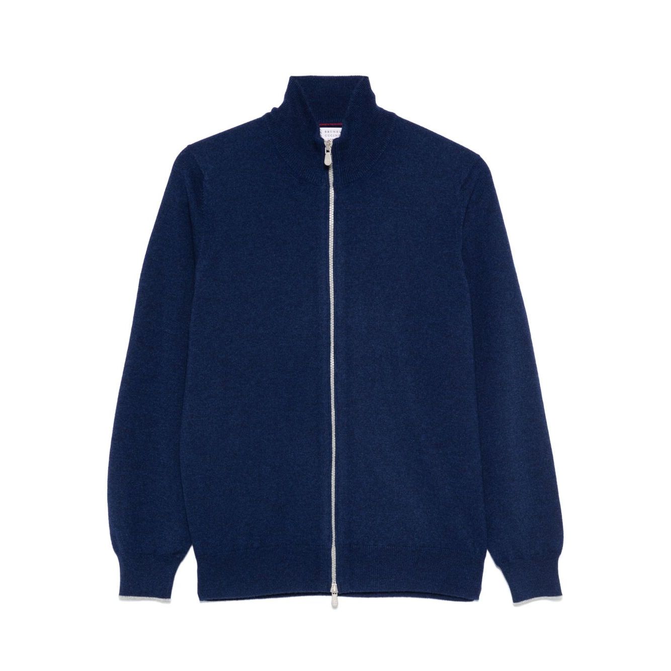 Brunello Cucinelli Cashmere zip-up sweatshirt in blue with long sleeves, front zip fastening, ribbed cuffs and hem.
