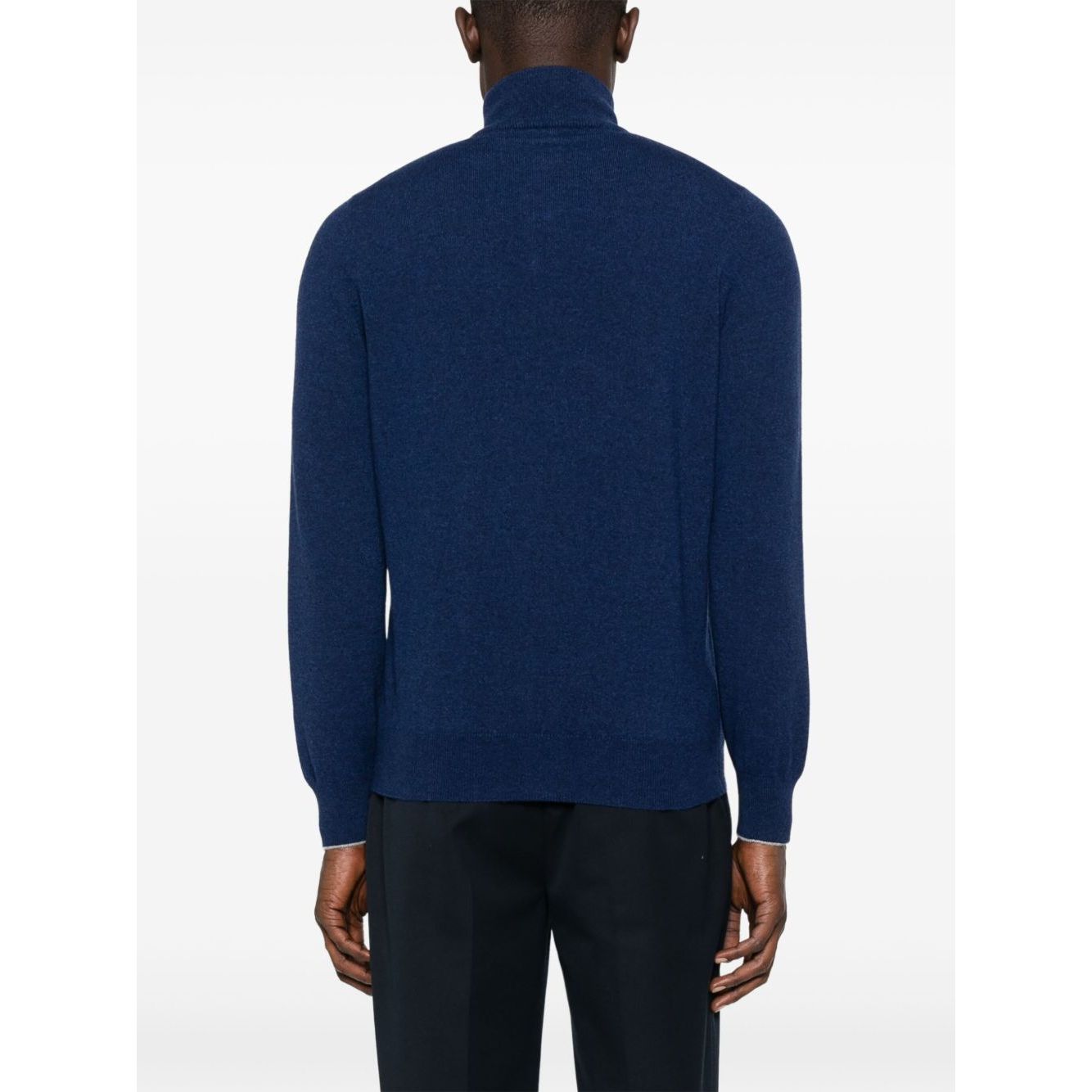 Back view of Brunello Cucinelli Cashmere zip-up sweatshirt in blue with ribbed cuffs and hem.