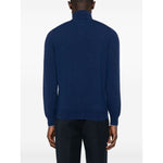 Back view of Brunello Cucinelli Cashmere zip-up sweatshirt in blue with ribbed cuffs and hem.