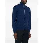 Brunello Cucinelli Cashmere zip-up sweatshirt in blue with front zip, long sleeves, ribbed cuffs, straight hem, shown on model