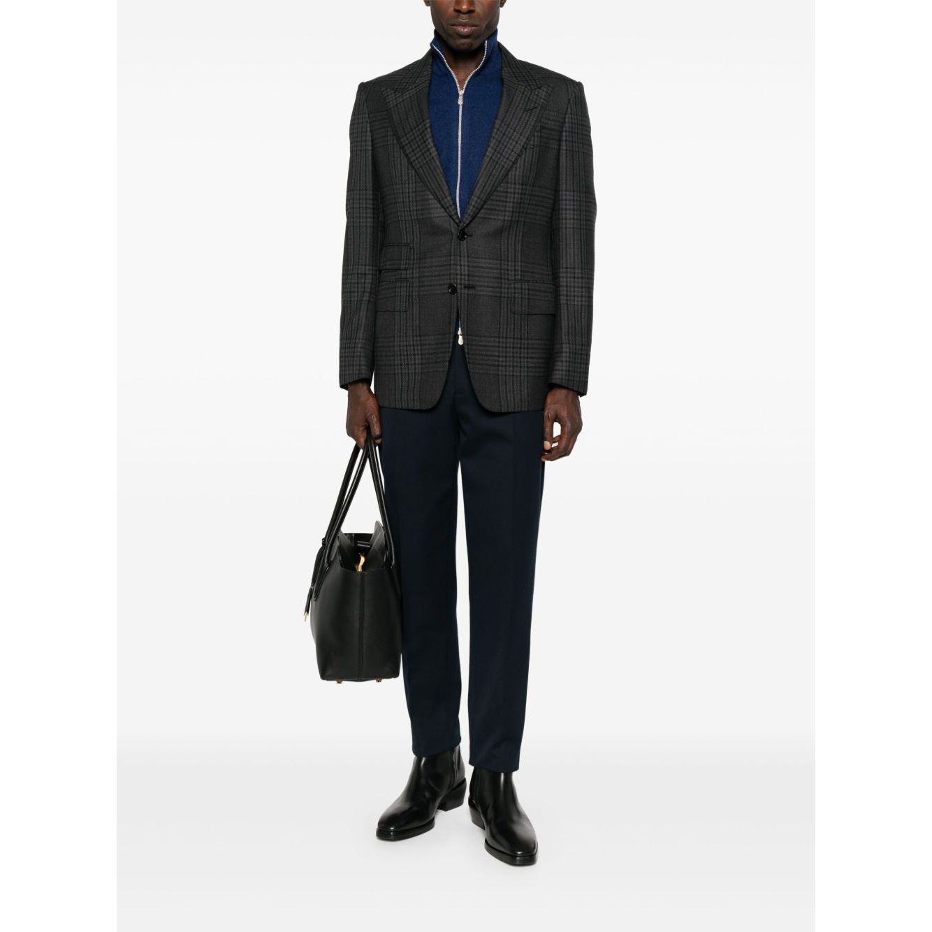 Model wearing Brunello Cucinelli Cashmere zip-up sweatshirt under a blazer with blue zip, long sleeves, ribbed cuffs and straight hem.
