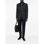 Model wearing Brunello Cucinelli Cashmere zip-up sweatshirt under a blazer with blue zip, long sleeves, ribbed cuffs and straight hem.