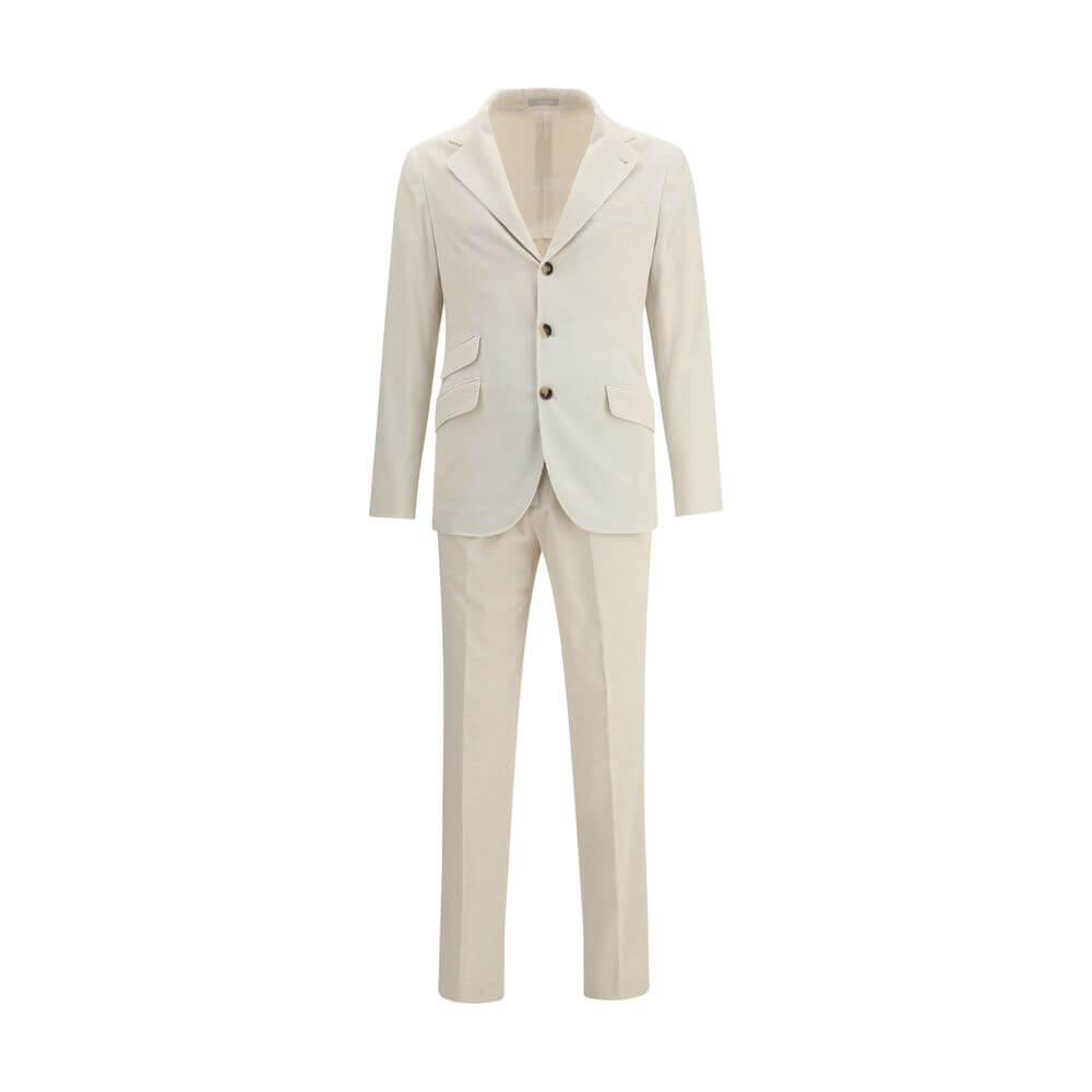 Brunello Cucinelli Cream Cotton Two-Piece Suit with blazer and trousers for elegant formal wear.