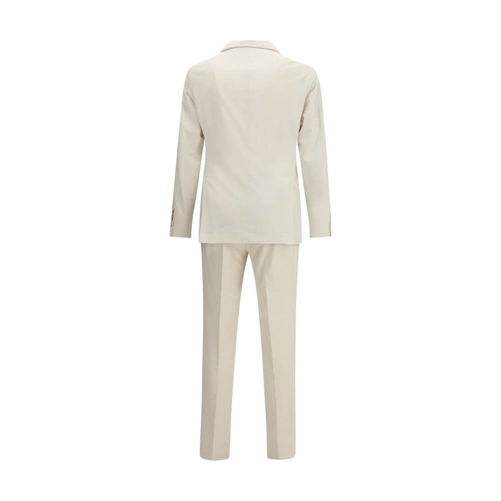 Brunello Cucinelli Cream Cotton Two-Piece Suit back view with elegant corduroy blazer and trousers.