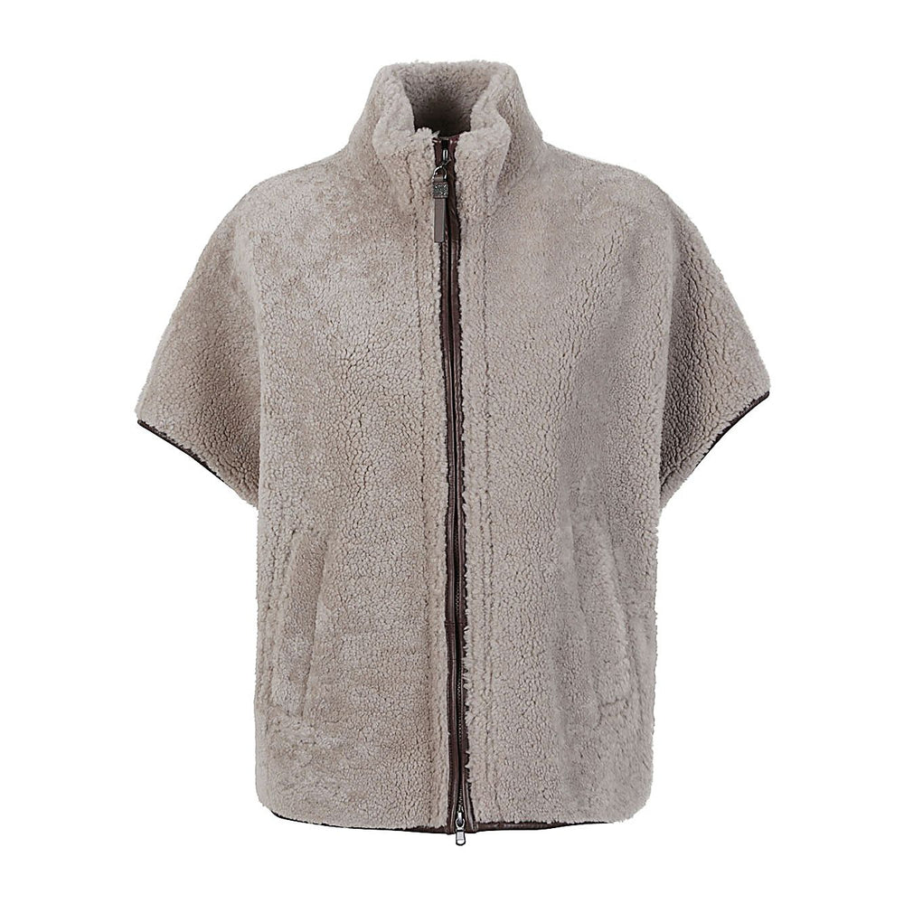Brunello Cucinelli Curly Shearling Short Sleeve Outerwear with Shiny Zipper Pull, featuring nickel-free monili decoration and zip fastening.