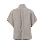 Back view of Brunello Cucinelli Curly Shearling Short Sleeve Outerwear with Shiny Zipper Pull, showing cape style and soft texture.