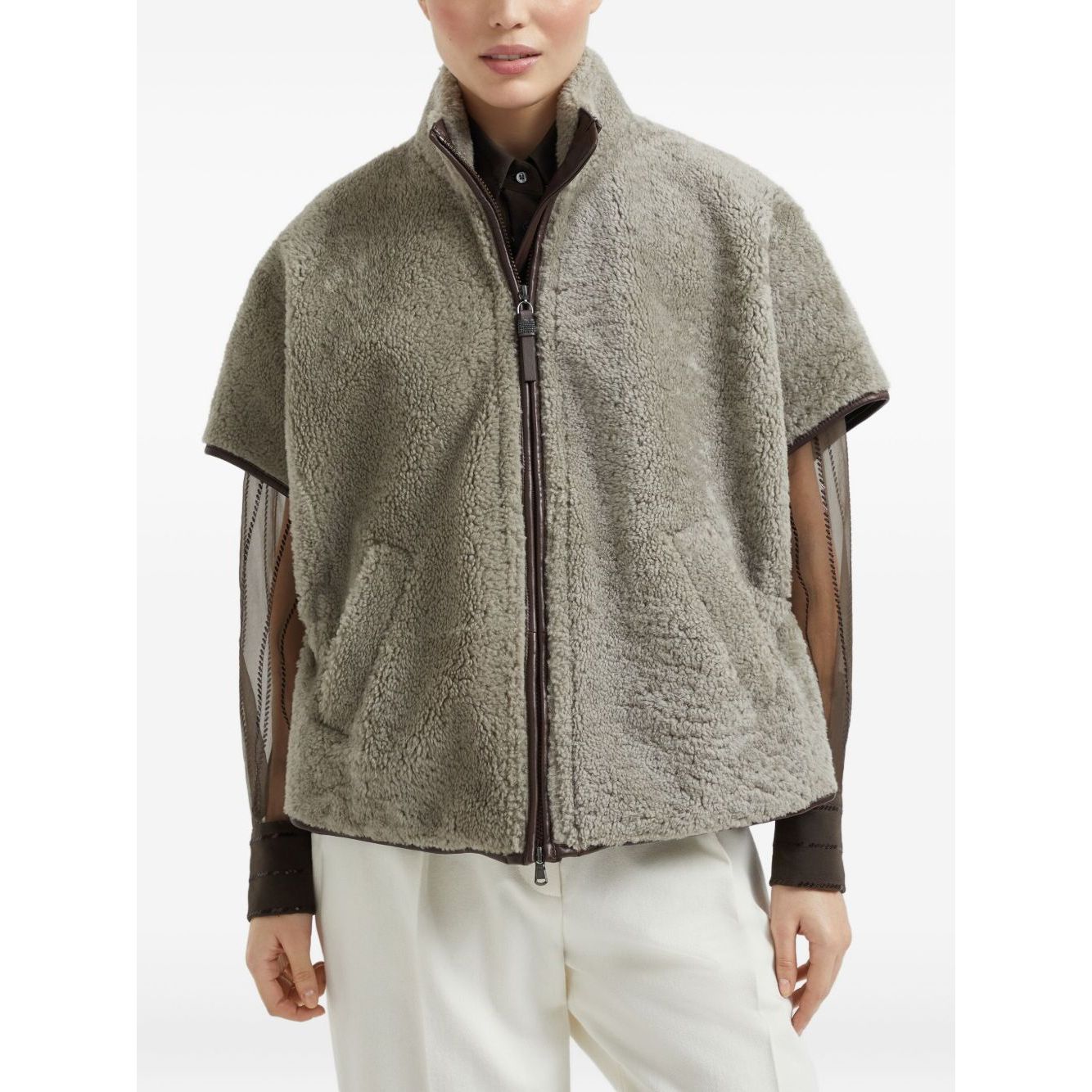 Brunello Cucinelli Curly Shearling Short Sleeve Outerwear with Shiny Zipper Pull, front view showing zip and pockets.