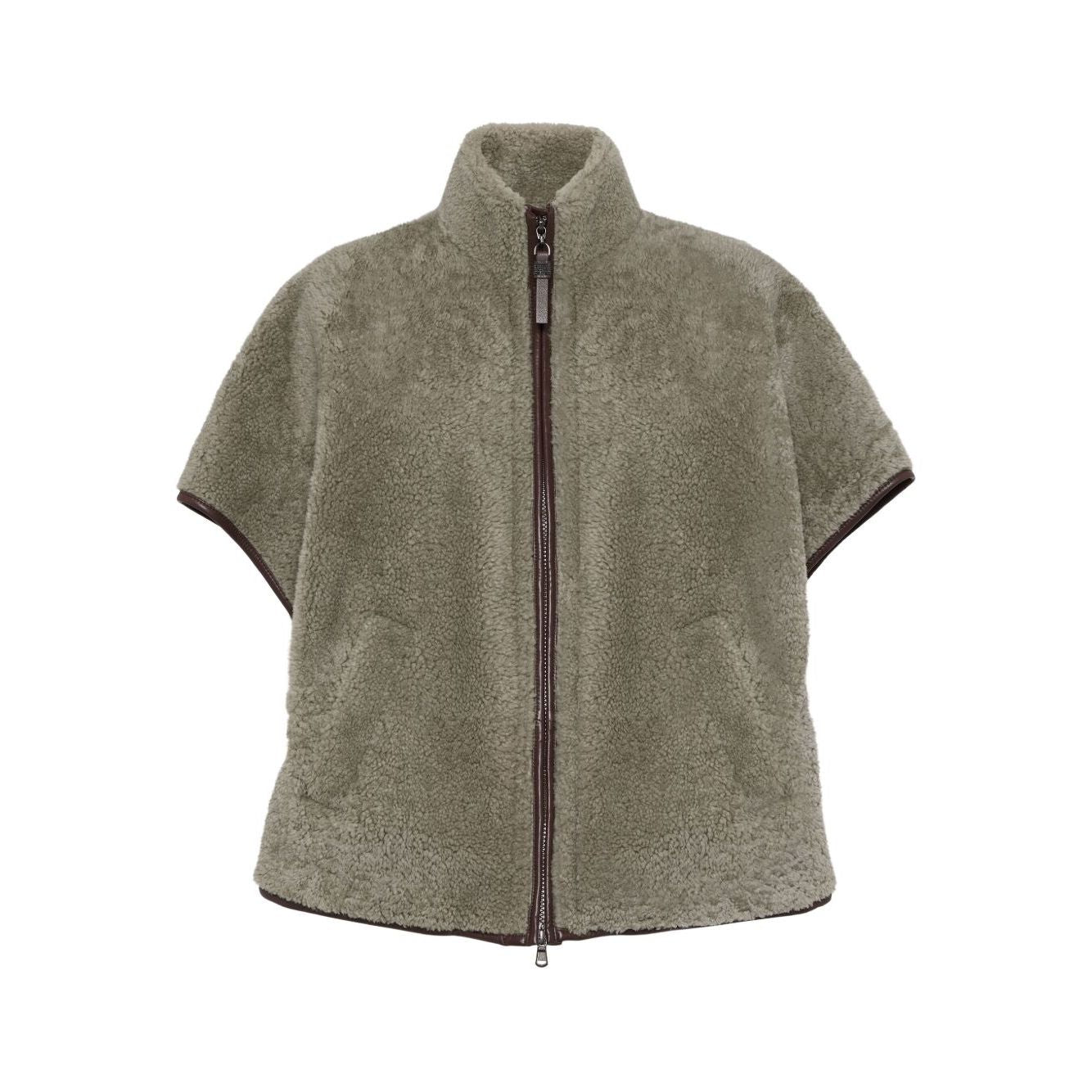 Brunello Cucinelli Curly Shearling Short Sleeve Outerwear with Shiny Zipper Pull, featuring a double slider zip and monili decoration.