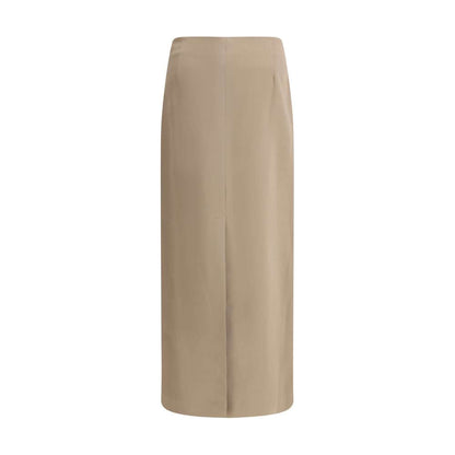 Brunello Cucinelli Gray Acetate Midi Skirt with elegant satin finish, back slit, and fluid design for sophisticated autumn-winter looks.