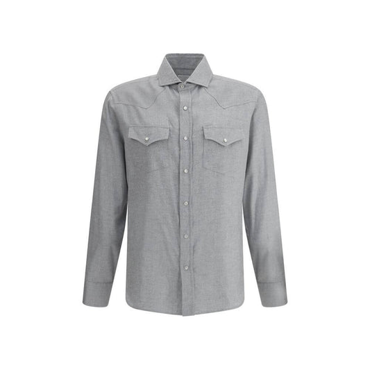 Brunello Cucinelli Gray Cotton Pattern Shirt with classic collar, patch pockets, snap-button closure, and adjustable cuffs.