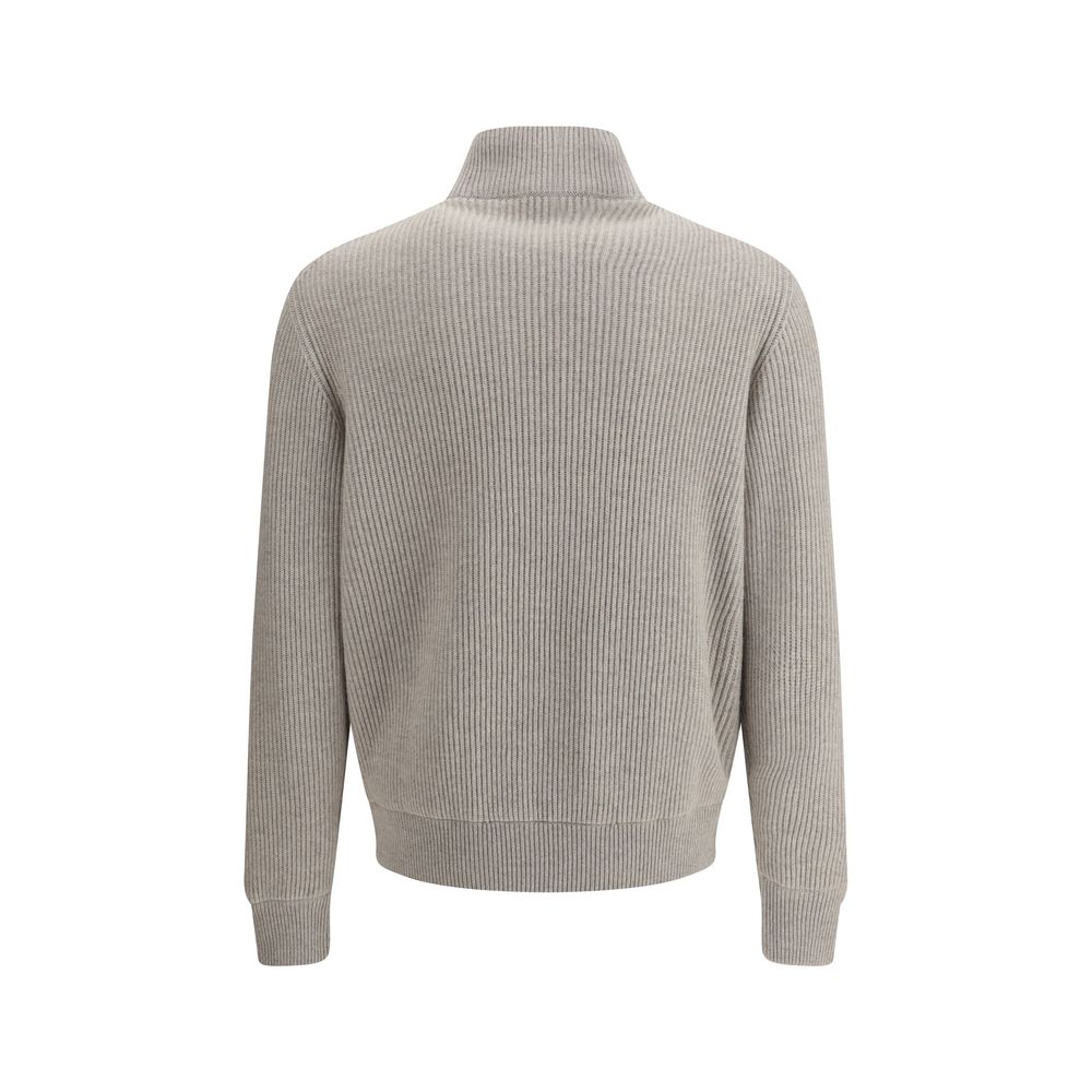 Back view of Brunello Cucinelli Gray Leather Jacket showcasing high-neck design, ribbed knit sleeves, and elegant craftsmanship.