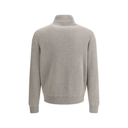 Back view of Brunello Cucinelli Gray Leather Jacket showcasing high-neck design, ribbed knit sleeves, and elegant craftsmanship.