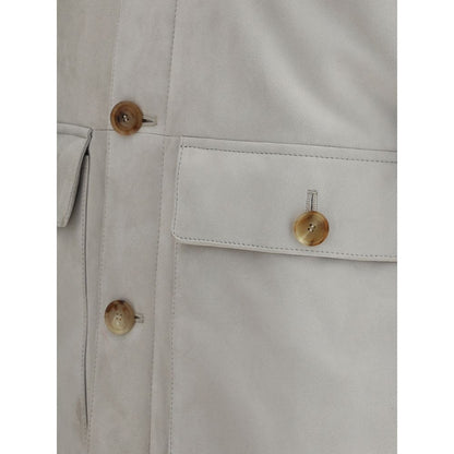 Close-up of the Brunello Cucinelli Gray Leather Jacket showing suede texture and button details with patch flap pockets.