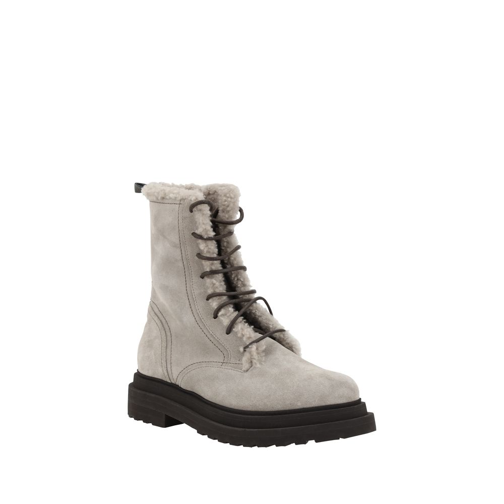 Brunello Cucinelli Gray Rubber Lace-Up Boots with fur-lined interior and suede design for style and warmth