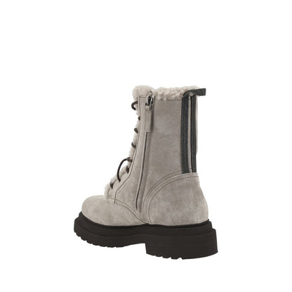 Brunello Cucinelli Gray Rubber Lace-Up Boots with fur lining, side view showcasing suede design and sturdy block heel.