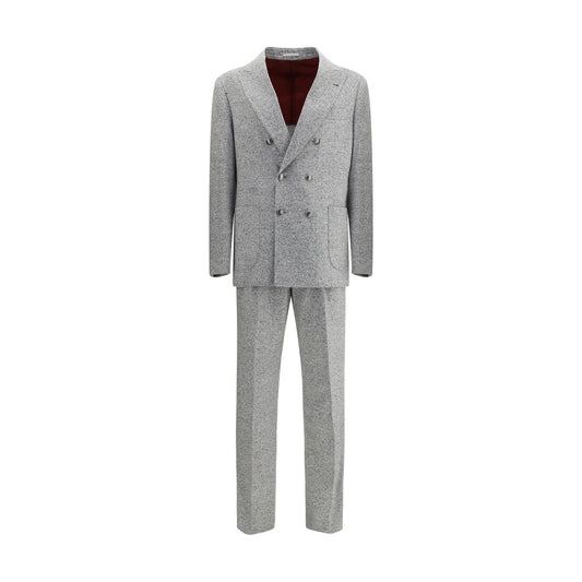 Alt Tag: Brunello Cucinelli Gray Wool Two-Piece Suit with metal buttons and peaked lapels, showcasing classic tailored elegance.