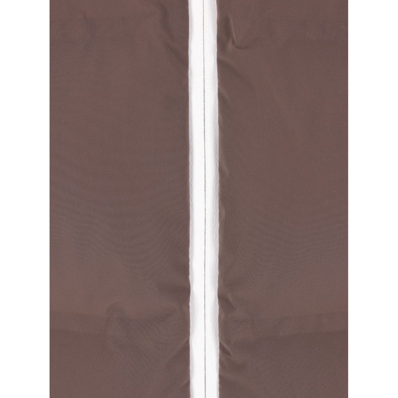 Close-up of brown material from the Brunello Cucinelli Hooded down-filled coat showcasing zip front fastening detail.