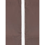 Close-up of brown material from the Brunello Cucinelli Hooded down-filled coat showcasing zip front fastening detail.