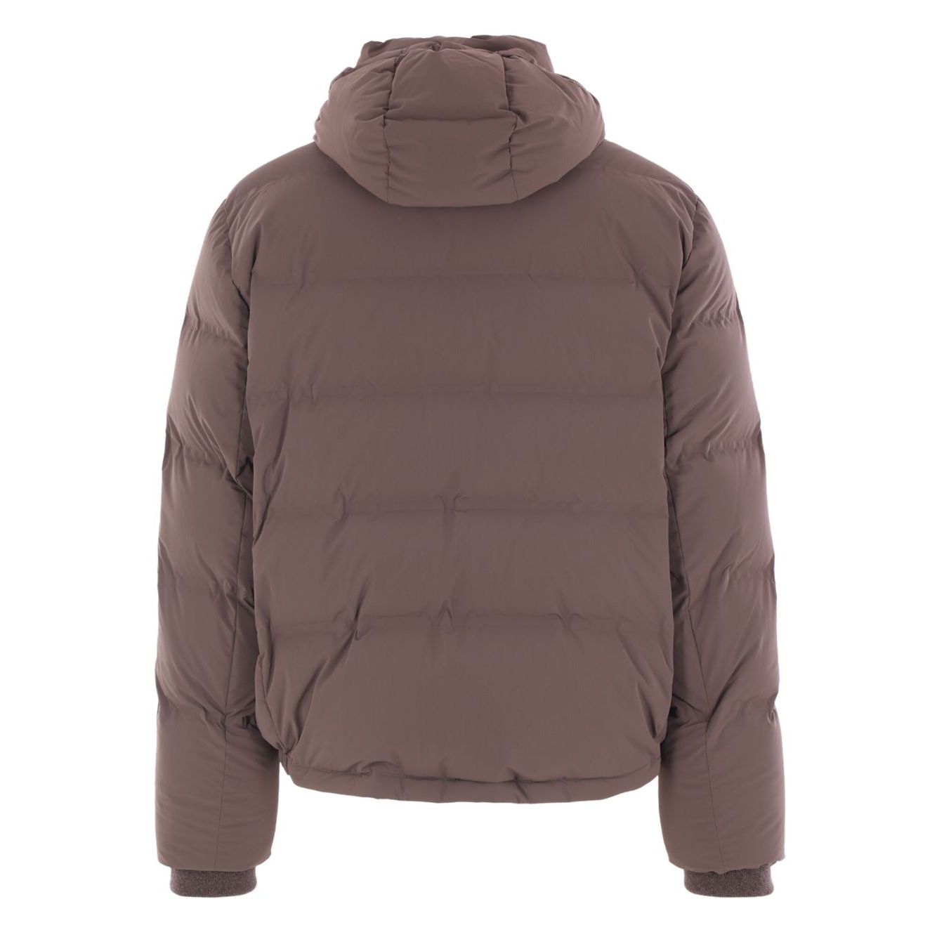Back view of Brunello Cucinelli Hooded down-filled coat in brown showing quilted design, hooded neckline, and long sleeves.