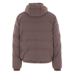 Back view of Brunello Cucinelli Hooded down-filled coat in brown showing quilted design, hooded neckline, and long sleeves.