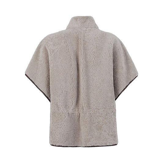 Brunello Cucinelli Jackets Brown, zipped cape with nickel-free monili decoration and internal drawstring, displayed back view.