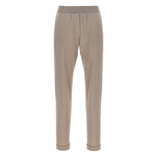 Brunello Cucinelli Lurex-detail trousers, taupe grey with elasticised waistband and cuffed hems, tapered wool-silk blend.