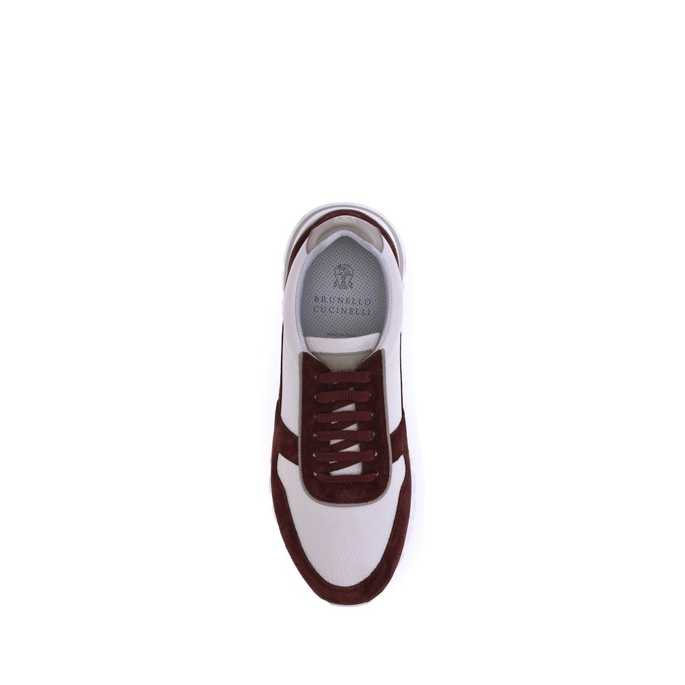 Top view of Brunello Cucinelli Multicolor Calf Leather Bos Taurus Platform Sneakers with suede details and lace-up closure.