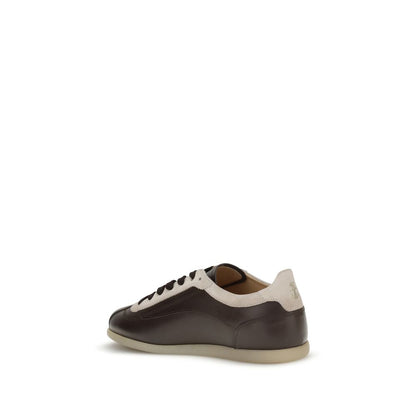 Brunello Cucinelli Multicolor Leather Low Top Sneakers with suede design and rubber sole, rear view.
