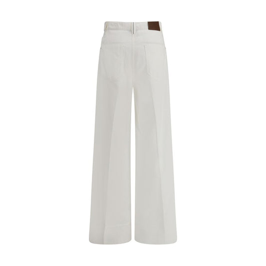 Brunello Cucinelli Wide-leg Jeans with leather patch and jewel embellishments, showcasing modern wide-leg design and five-pocket style.