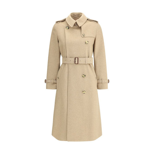 Burberry Beige Cashmere Coat with double-breasted design, hook-and-eye collar, and structured epaulettes.