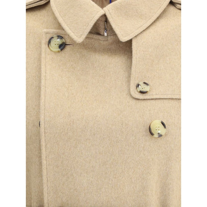 Close-up of Burberry Beige Cashmere Coat with double-breasted buttons and hook-and-eye collar.