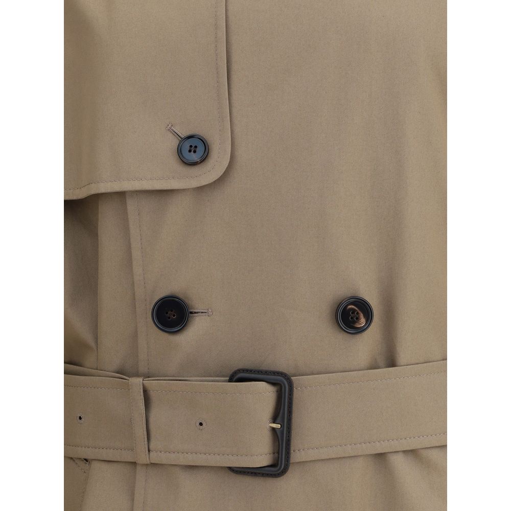 Close-up of Burberry Beige Cotton Trench Coat with double-breasted buttons and belt buckle detail.