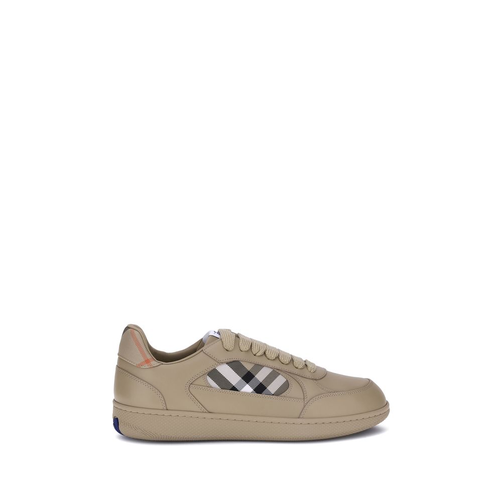 Burberry Beige Rubber Low Top Sneakers with signature Check pattern and Equestrian Knight label, side view on white background
