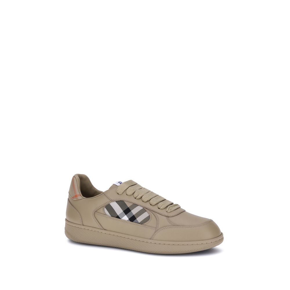 Burberry Beige Rubber Low Top Sneakers with signature Check pattern and Equestrian Knight label, featuring a padded ankle and molded soles.
