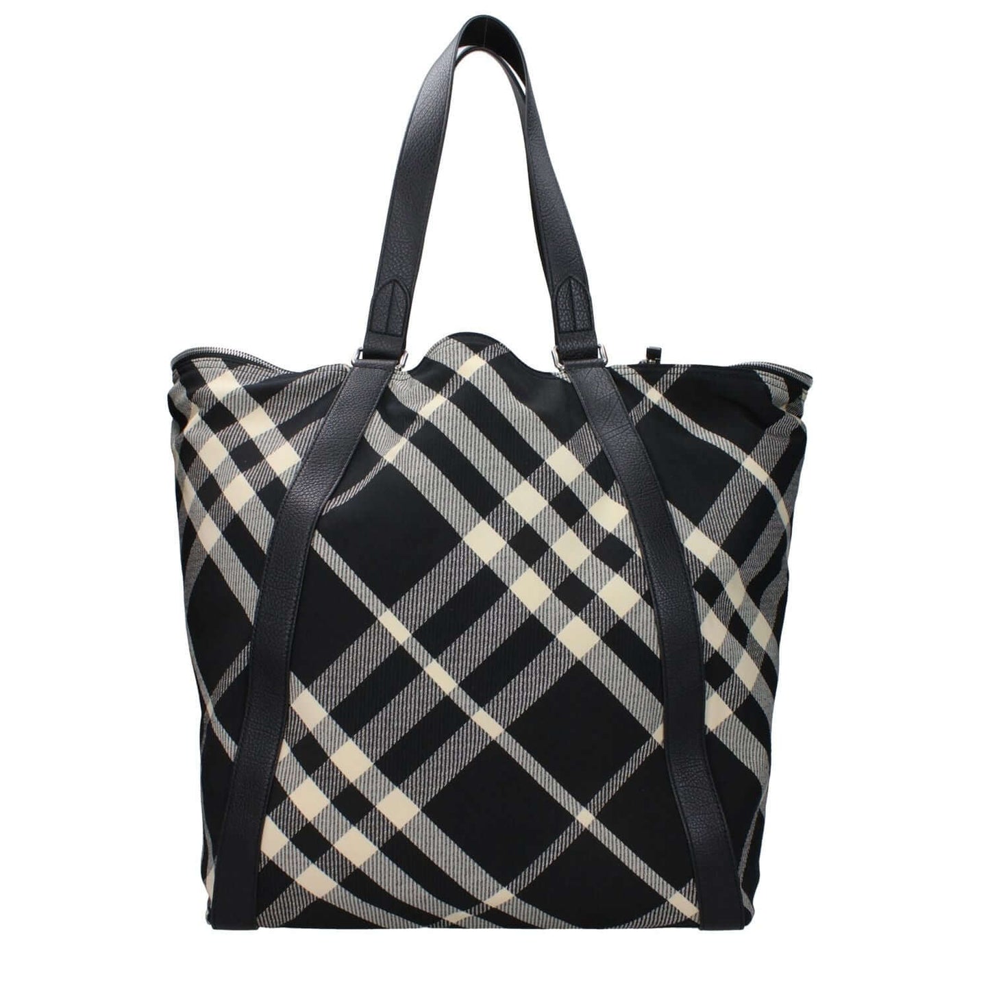 Burberry Black Fabric Shoulder Bag with check print, silver details, maxi size, beige accents, casual style, two external pockets.