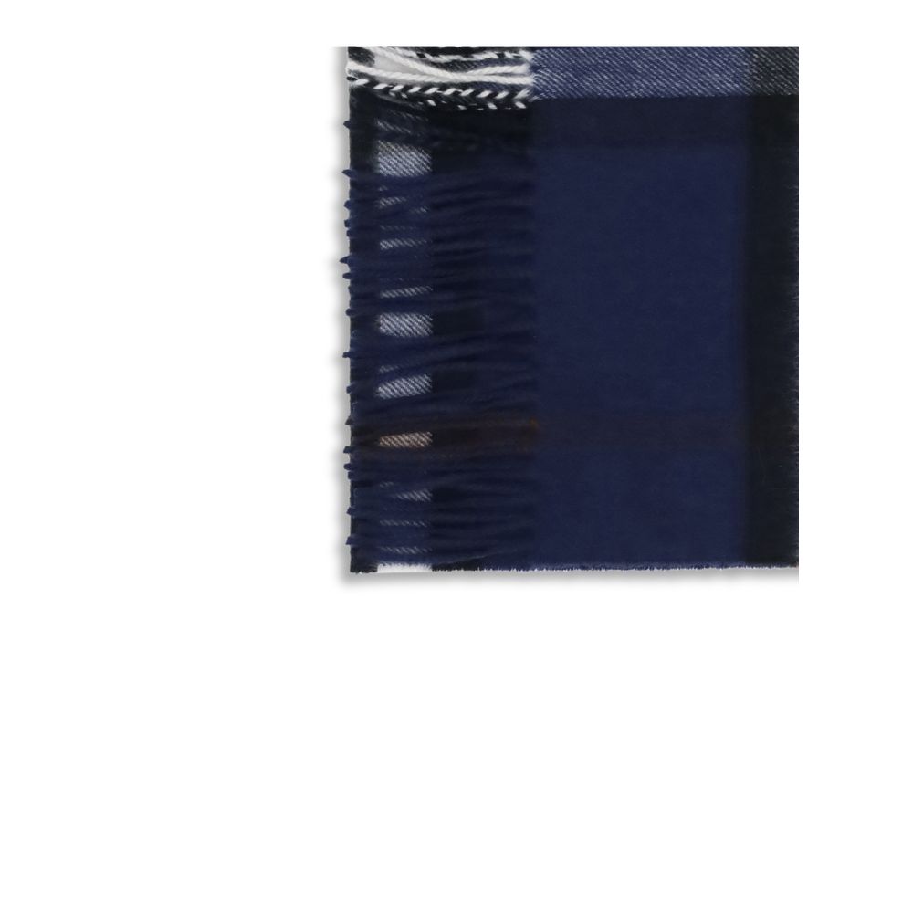 Detail of Burberry Blue Cashmere Scarf showcasing Check pattern, fringed edges, and luxury texture for timeless elegance.