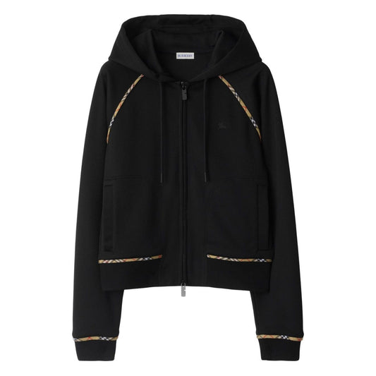 Burberry Cotton blend zip-up hoodie with check trim, black with two-way zip, Equestrian Knight motif, and drawstring hood.
