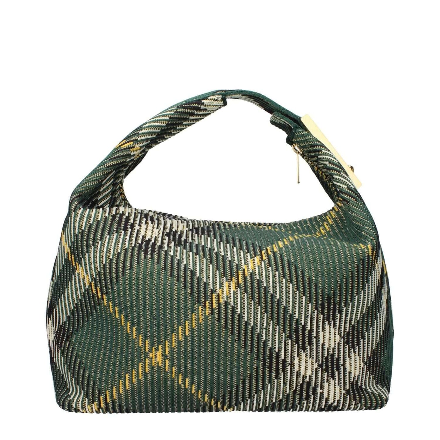 Burberry Green Fabric Handbag with gold accents, medium size, zip closure, check print, dimensions 33.5x19x17 cm.