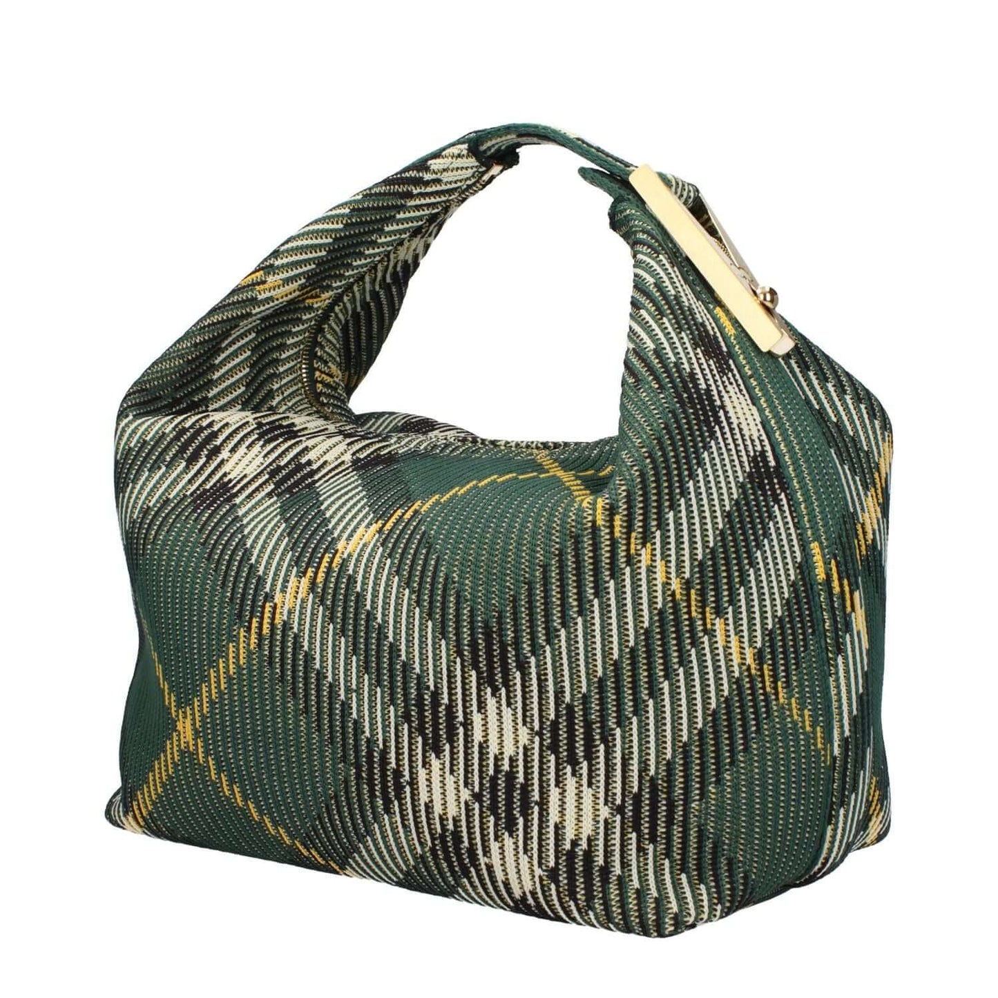 Burberry Green Fabric Handbag with check print and gold accents, medium size, 13 cm handle, zip closure.