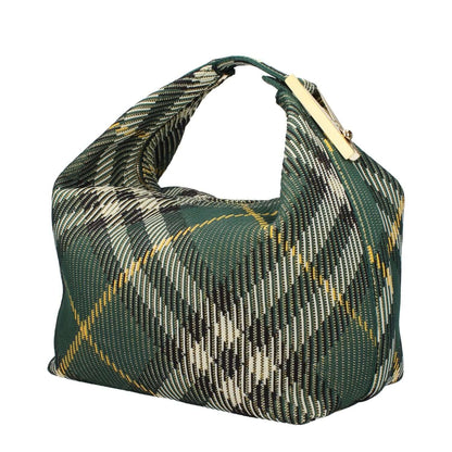 Burberry Green Fabric Handbag with check print and gold accents, medium size, 13 cm handle, zip closure.