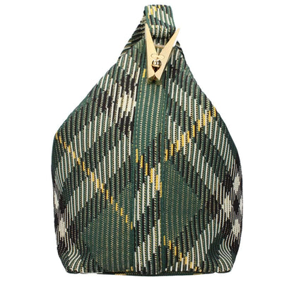 Alt Tag: Burberry Green Fabric Handbag with gold accents, check print, medium size, zip closure, and 13 cm handle.