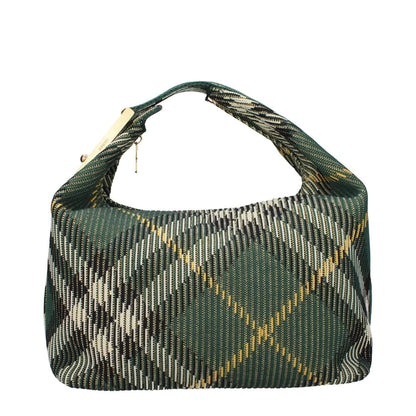 Burberry Green Fabric Handbag, medium size, gold detailing, check print with zip closure. Width: 33.5cm, height: 19cm, handle: 13cm.