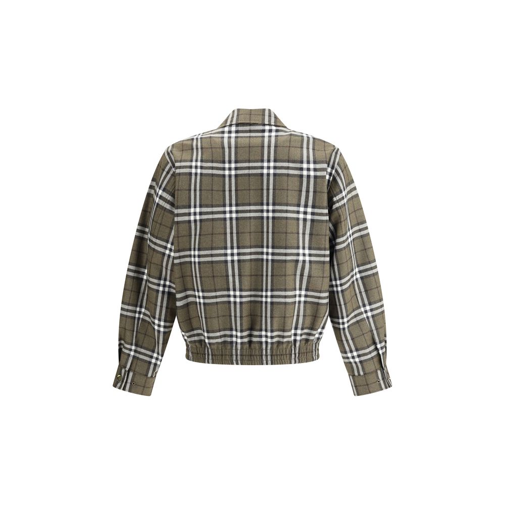 Rear view of Burberry Green Wool Bomber with check pattern and elasticized hem for comfortable fit.