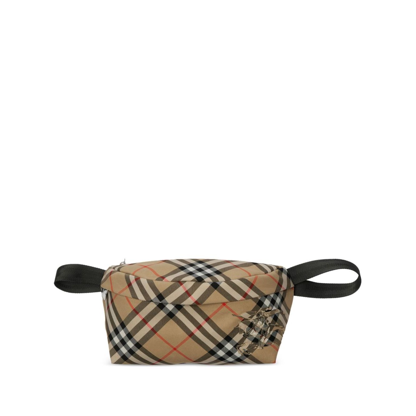 Burberry Vintage check belt bag in archival beige with a vintage check pattern, front zip, and adjustable strap, featuring equestrian motif.